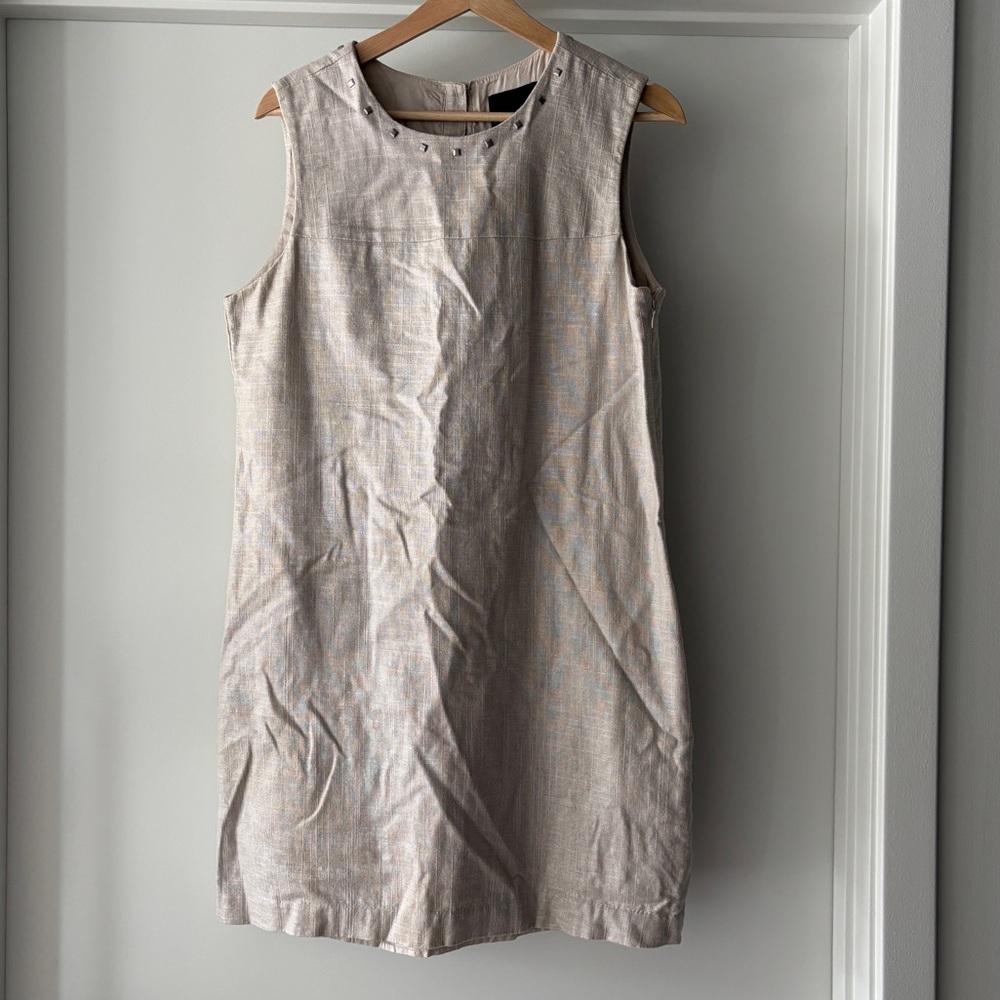Cynthia Rowley Beige Linen Shift Dress with Studded Neckline